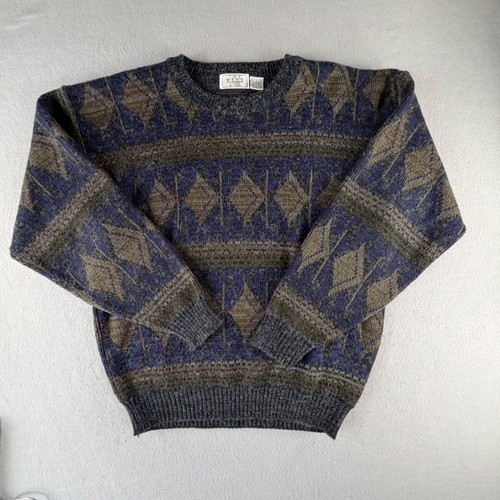 Vintage‎ Sears Men's Store Men's L Gray Blue Argyle Sweater Grandpa 80s 90s Knit